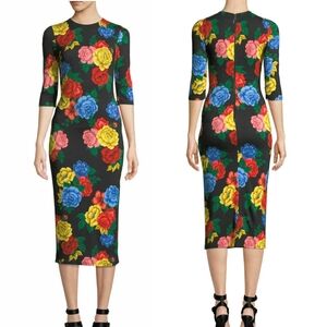 Alice + Olivia Delora Fitted Floral Crewneck Midi Dress Sz 2 Stretchy Bodycon